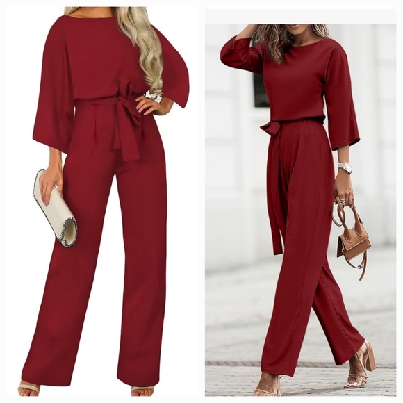 Gianni Bini Loose 3/4 Sleeve Belted Wide Leg Pant Busines Holiday Red Jumpsuit - Picture 2 of 11